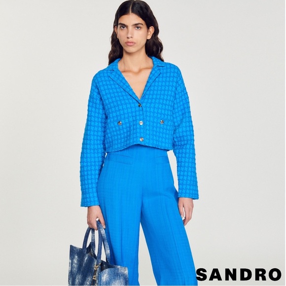 SANDRO Astier Cropped Tweed Coatigan in Electric Blue - Picture 1 of 12